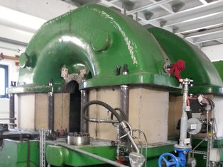 External view on a Turbine Casing, exposed to blast furnace gas from Steel Manufacturing, during onsite lining application with Cold Cured ceramic filled Epoxy SÄKATONIT Extra AR