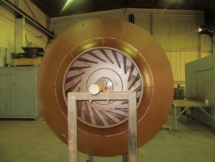 Impeller coated with ceramic filled Baked Phenolic Si 17 N exposed to fume gases from waste incineration at approx. 130°C 